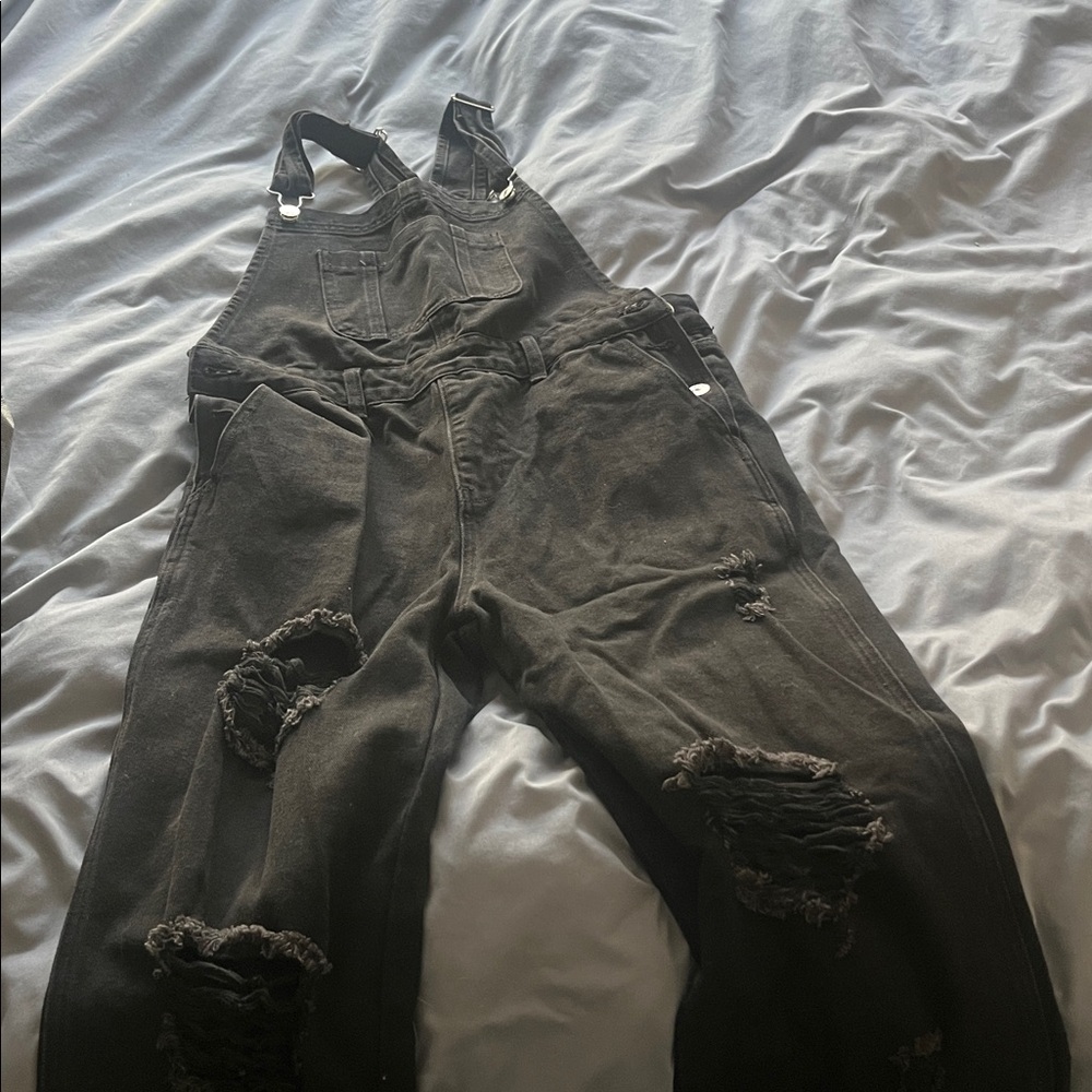 Pinklily distressed Black Denim Overalls